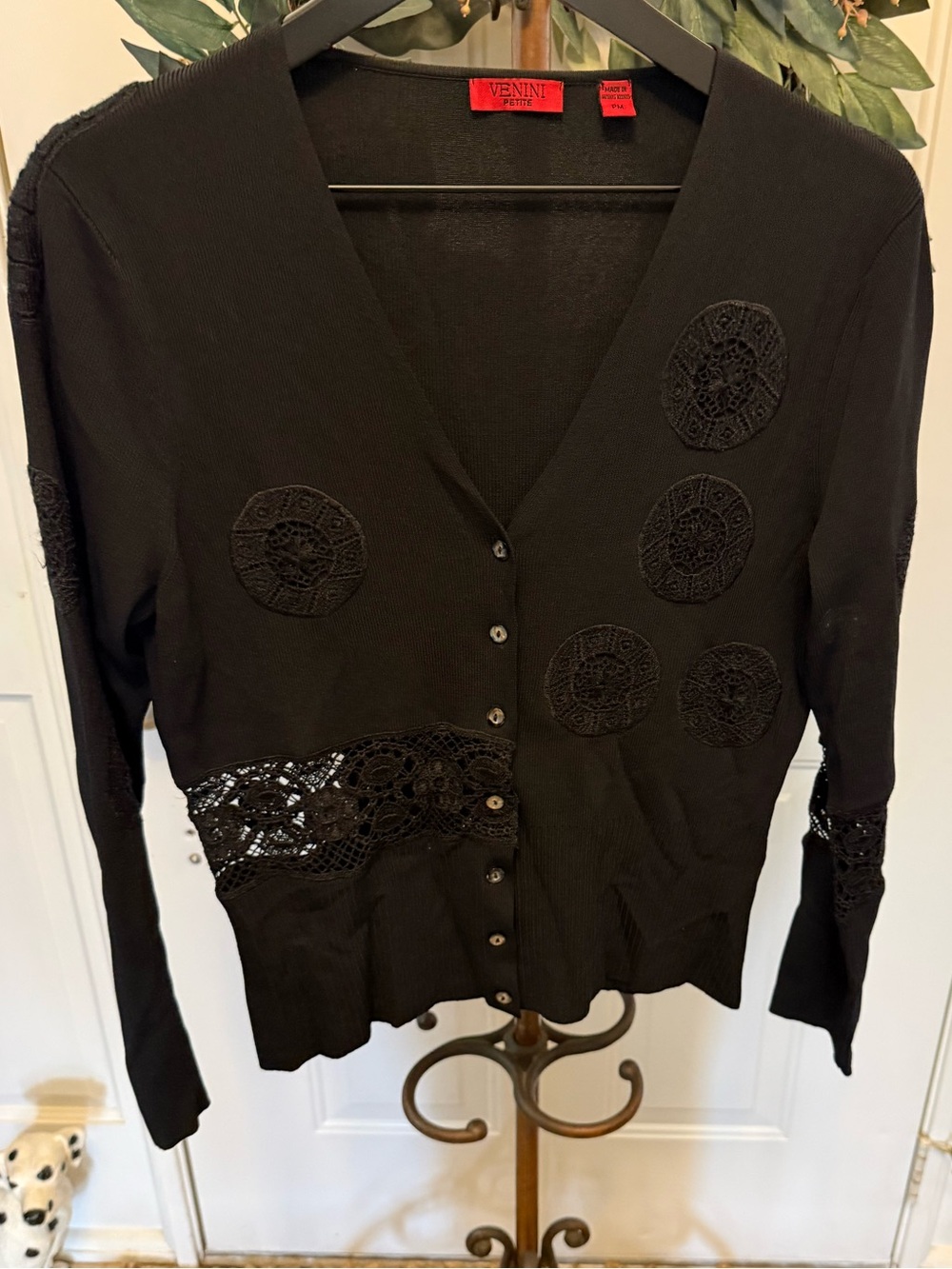 Vintage 90s Y2K Venini Black Crochet Lace Button Down Cardigan Sweater MP